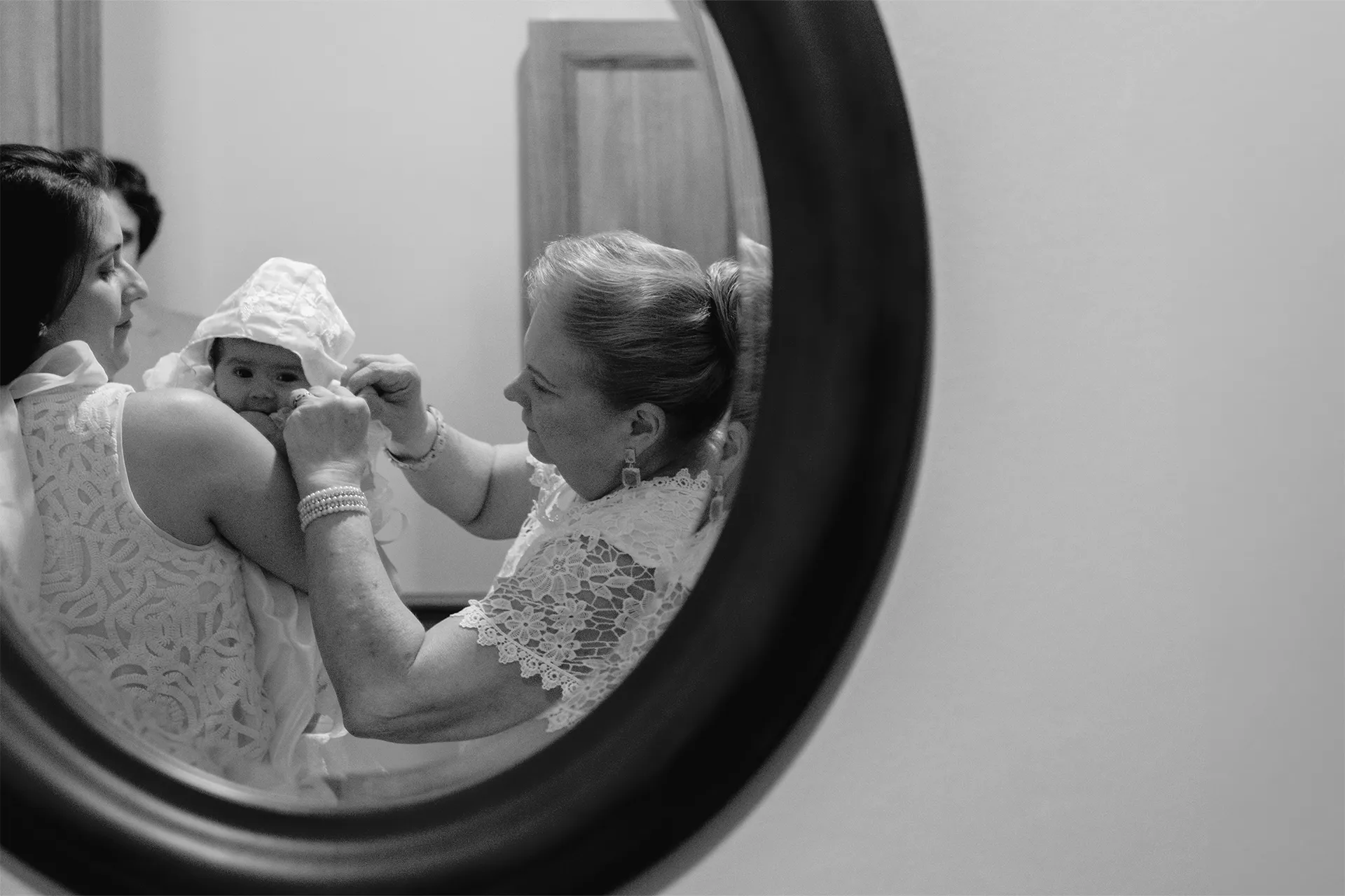 Reflection of family in the mirror
