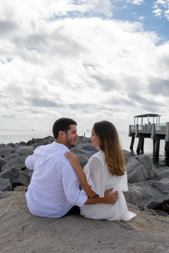 Couple photography on the iconic South Pointe Park pier in Miami Beach