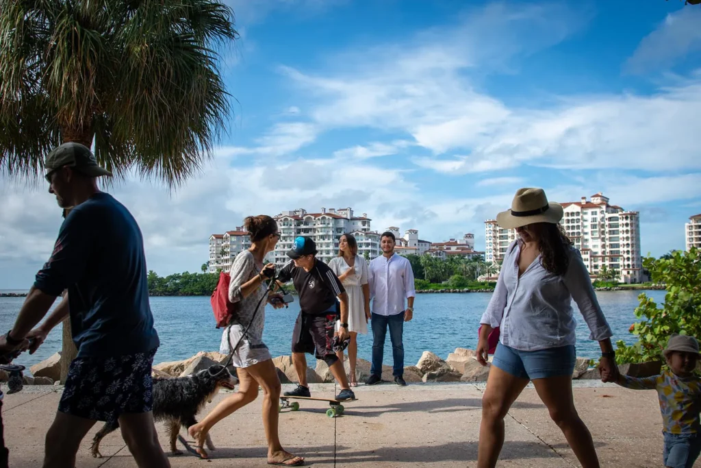 Street Photography style portrait of an engaged couple in Miami
