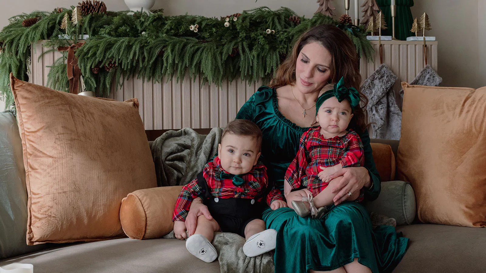 Mother with two young children during a holiday mini photo session